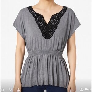 AB Studio Women's Gray Tunic Top with Black Lace V-Neck - Size L